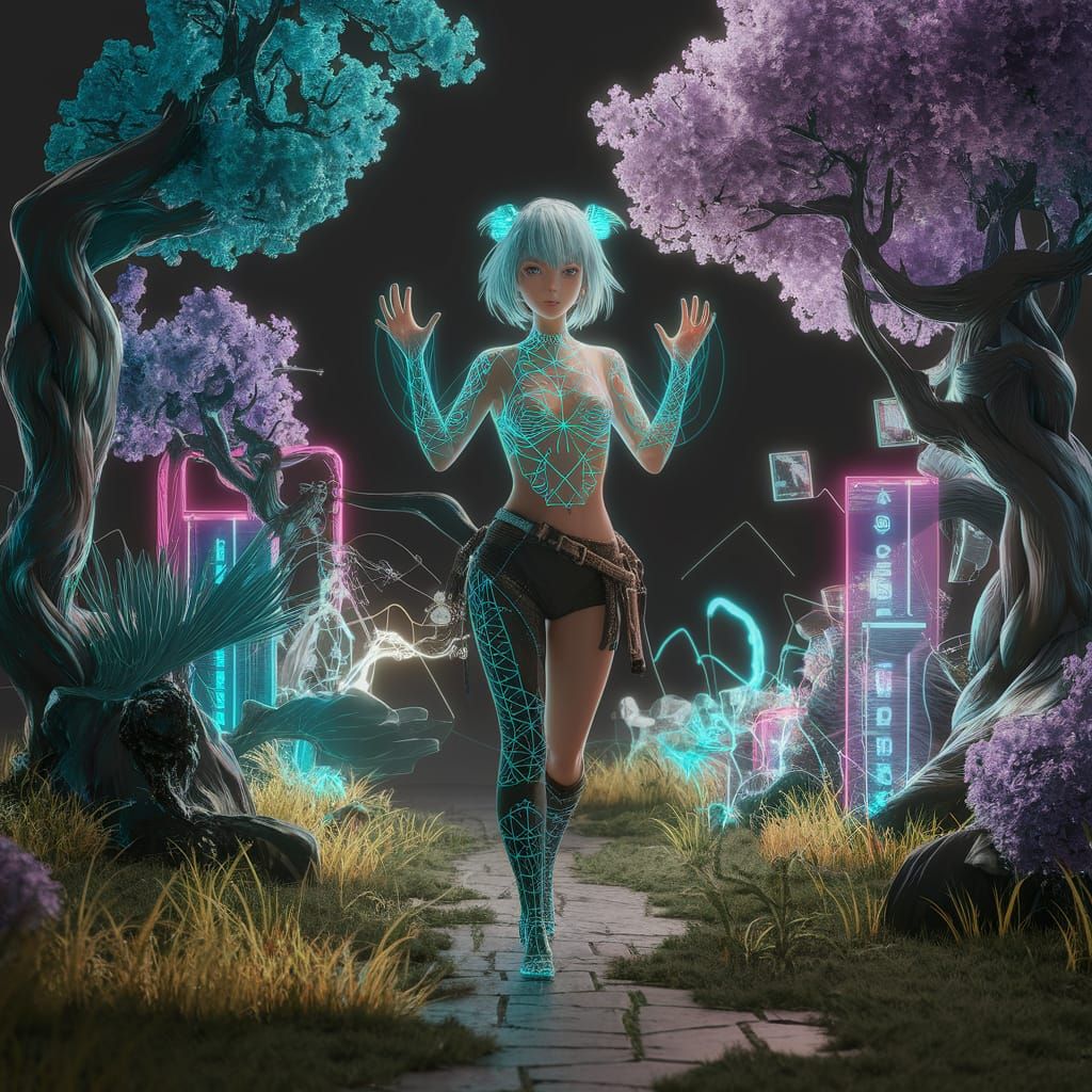 Cyberpunk Druid in Neon Forest: Vibrant Fantasy Art