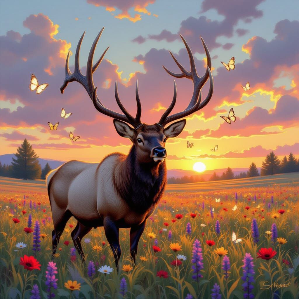 Elk with Antlers in Wildflower Field at Sunset