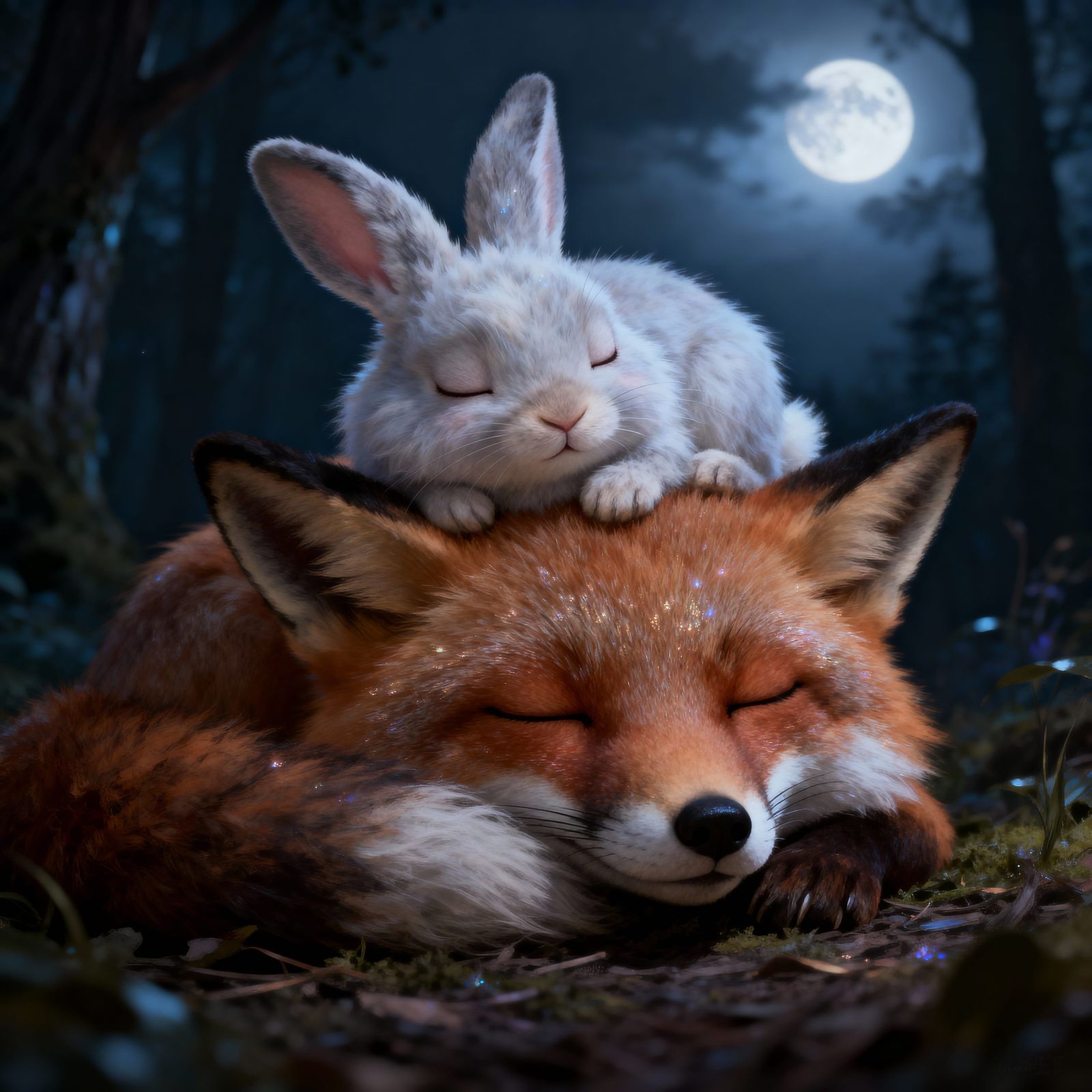 Adorable Bunny and Fox Sleep Peacefully in Forest