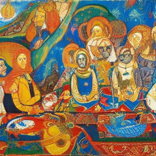 Surreal Acid Rabbits Feast on Mango and Golden Sand in Dream...