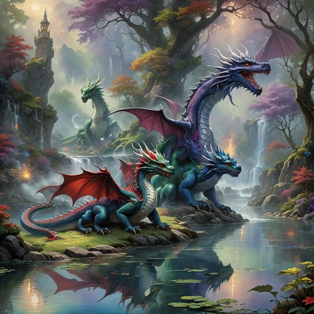 Dragons Drinking from a Lake: Ethereal Fantasy Art
