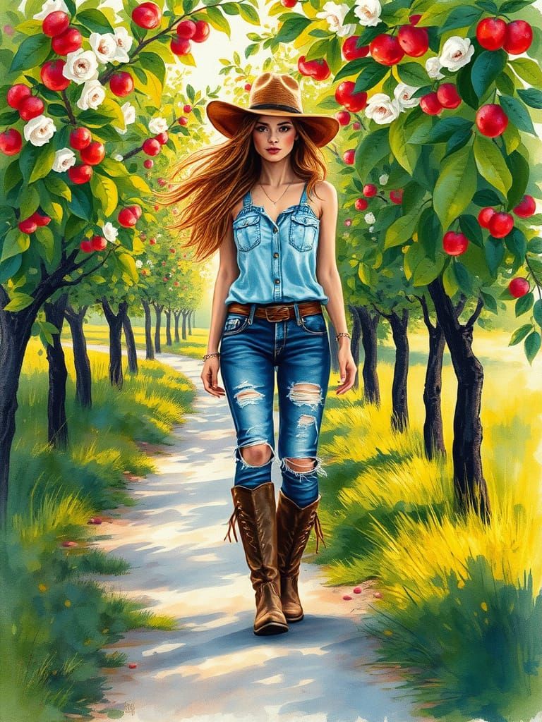 Dreamy Lady in a Vibrant Orchard