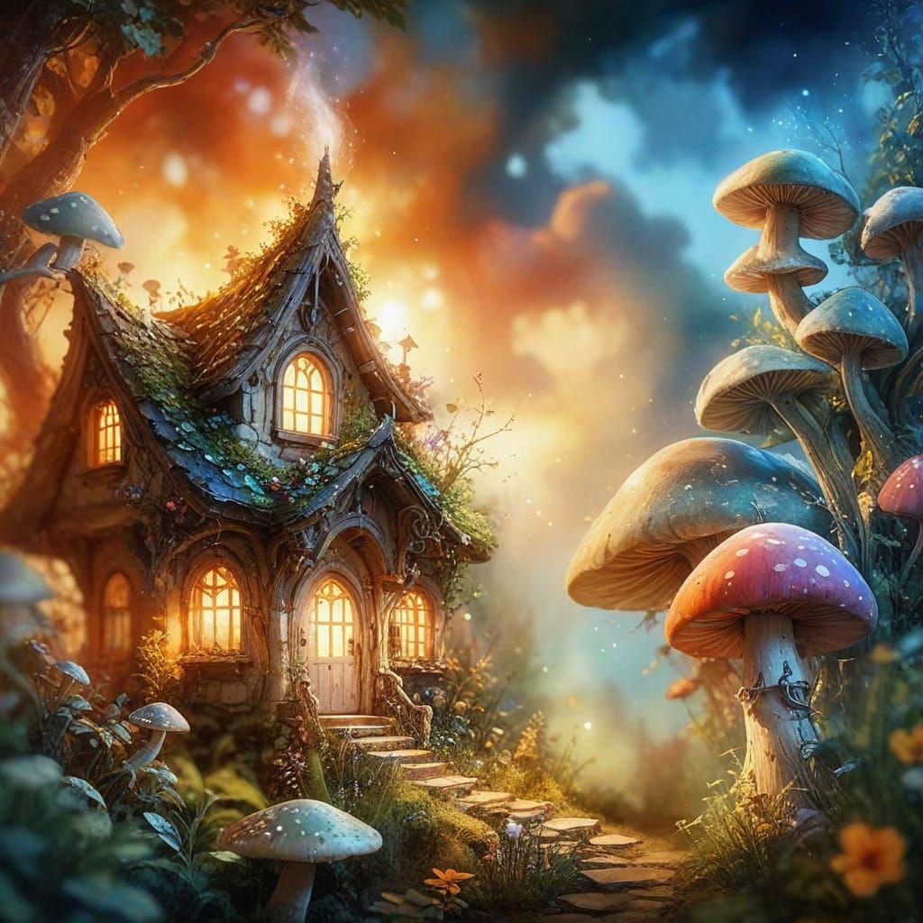 Surreal Watercolor Fairy House Amidst Vibrant Mushrooms in a...