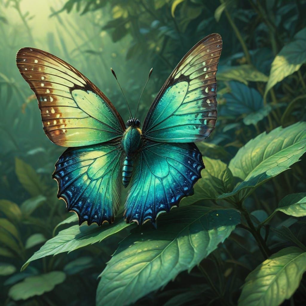 Majestic Blue-Green Butterfly Perched on Emerald Leaf in 19t...