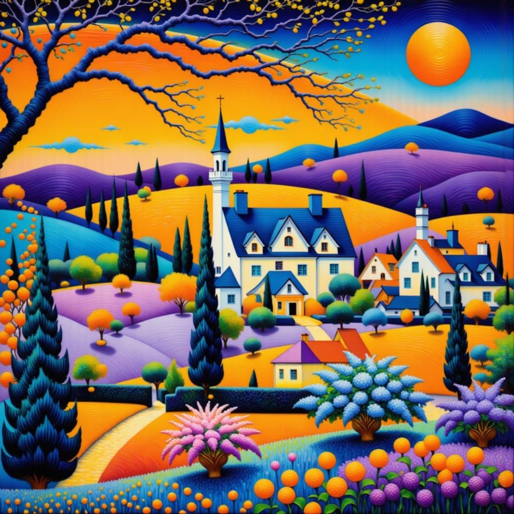 Vibrant Cityscape in Art Nouveau Folk Art Style