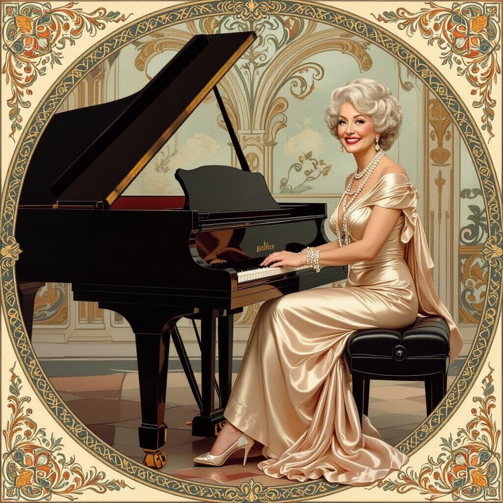 Elegant Woman Plays Piano in Artful Style