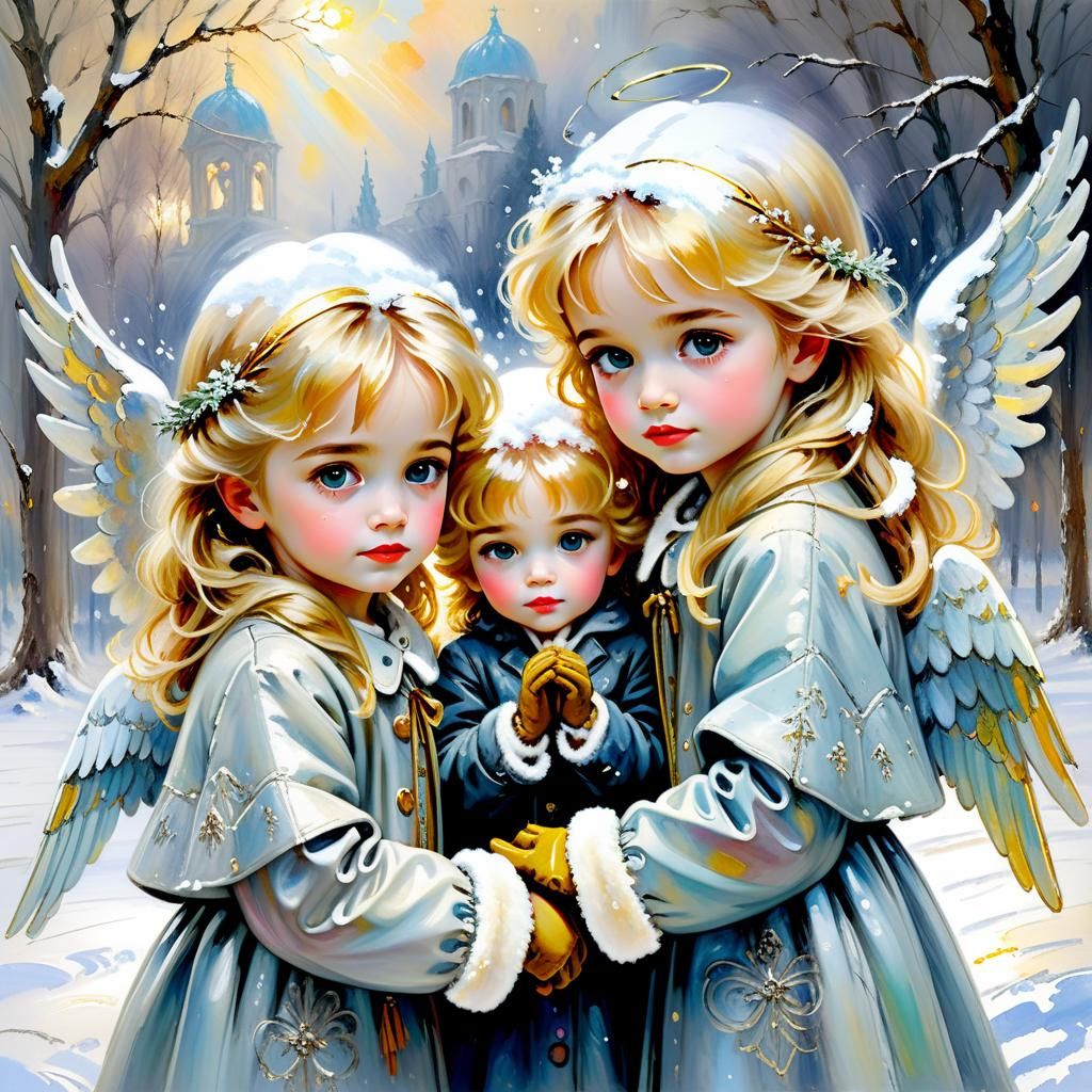 Twins Sheltered by Angel in Winter Snowstorm