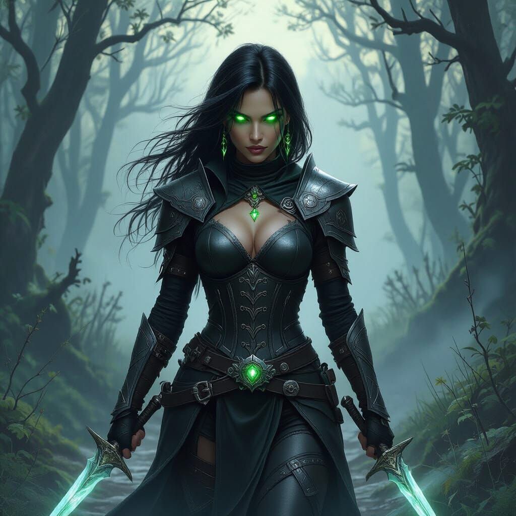 Female Rogue with Enchanted Daggers in Misty Forest