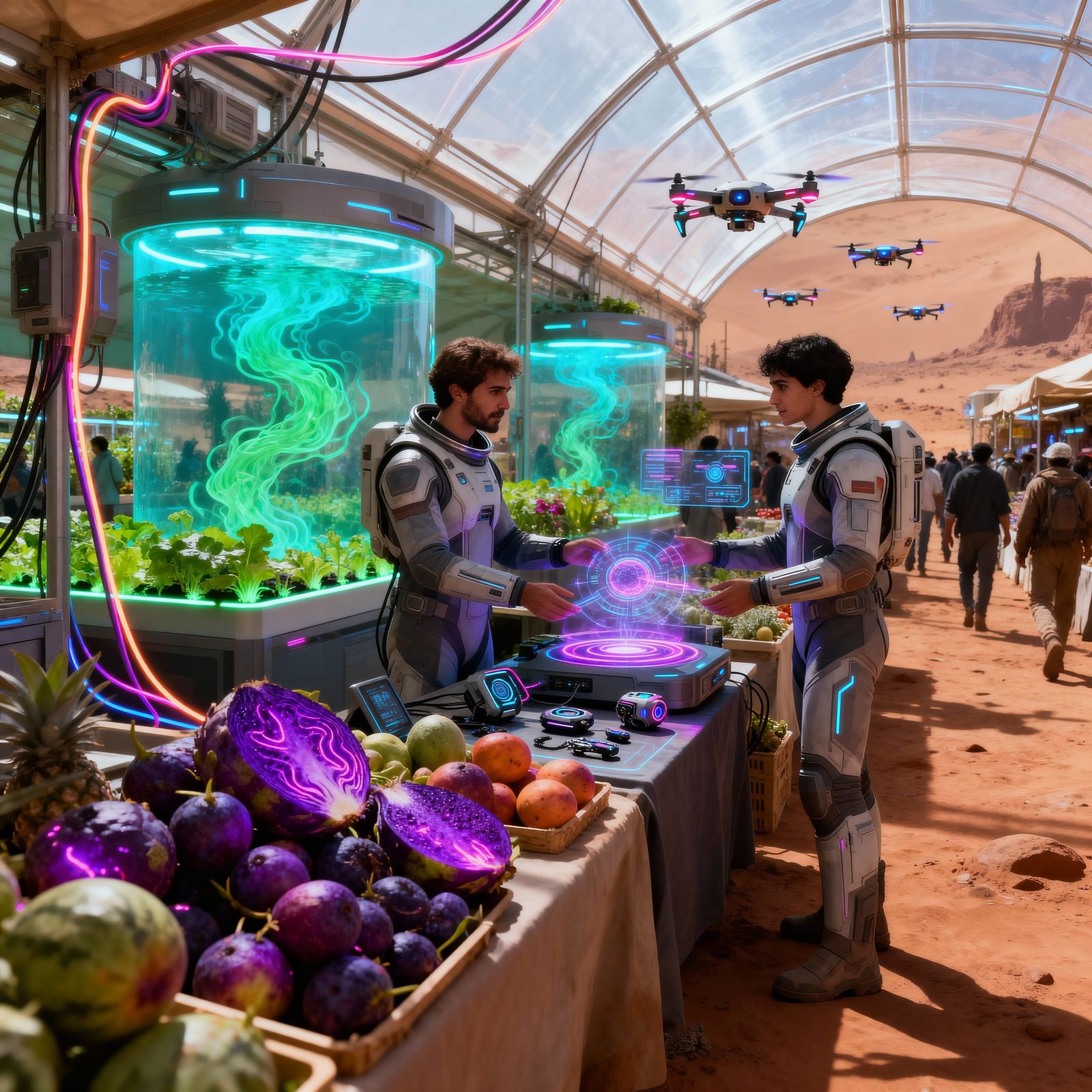 Martian Marketplace Under Biodome with Exotic Goods