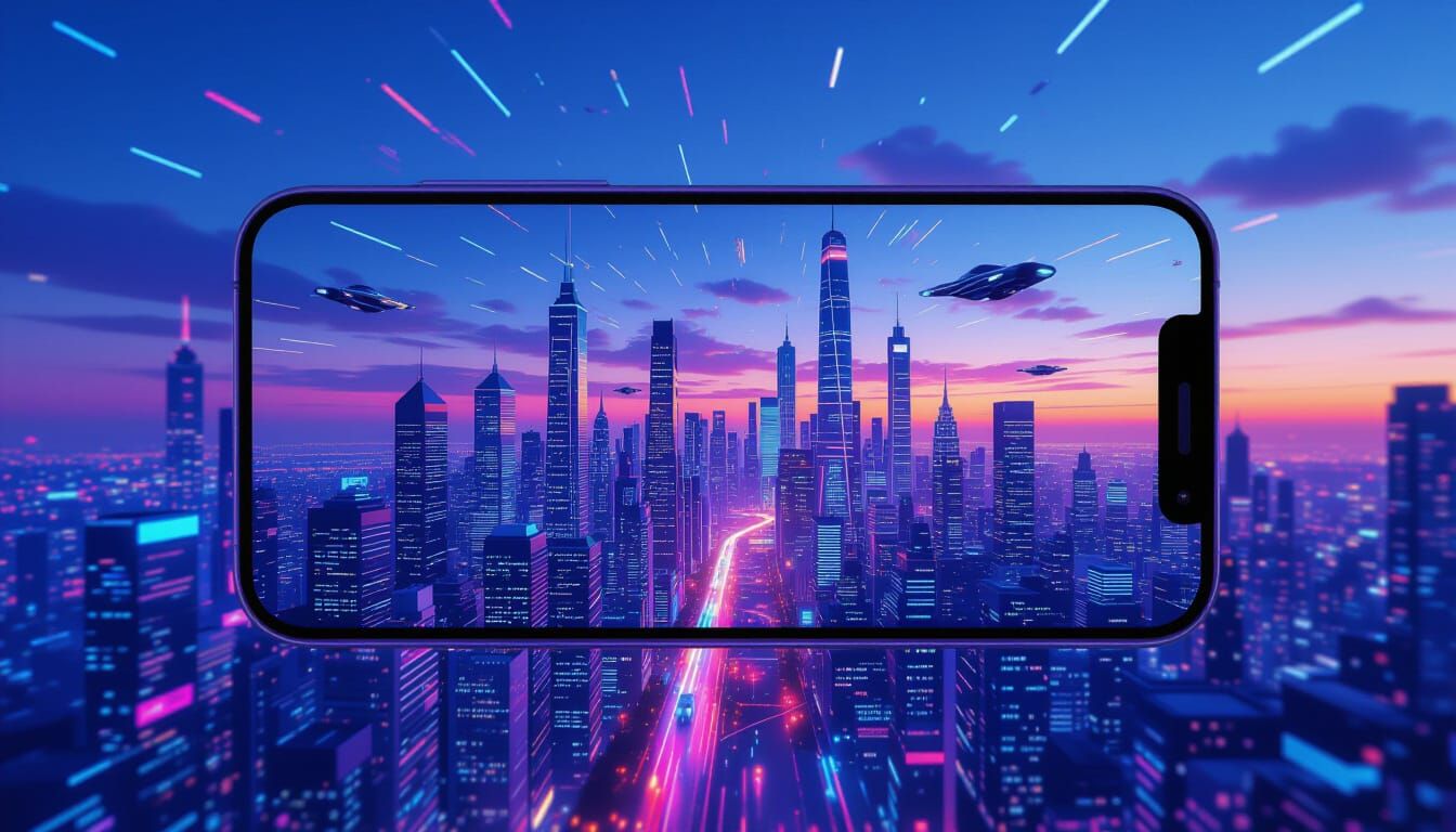 Futuristic Neon Cityscape Through Holographic Smartphone Scr...