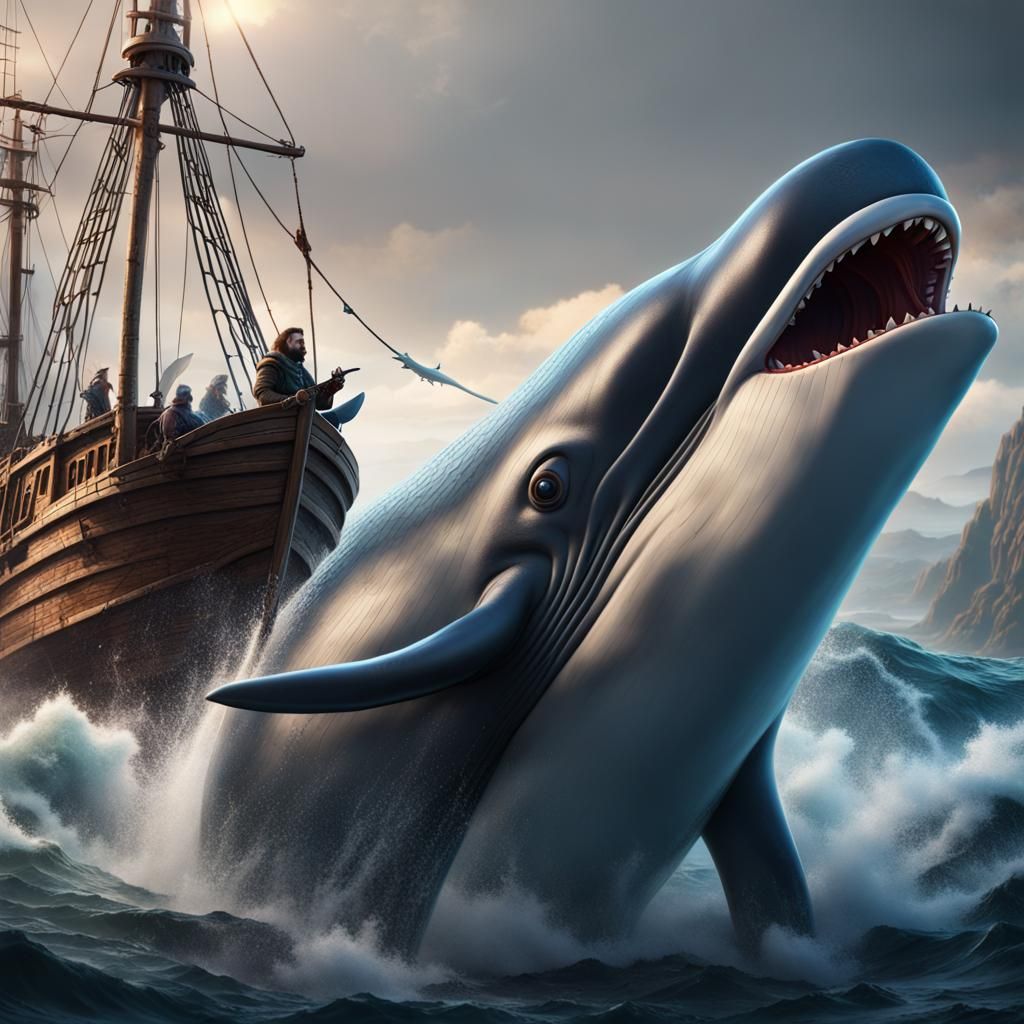 Giant Whale Attacks Fishing Boat: Fantasy Art