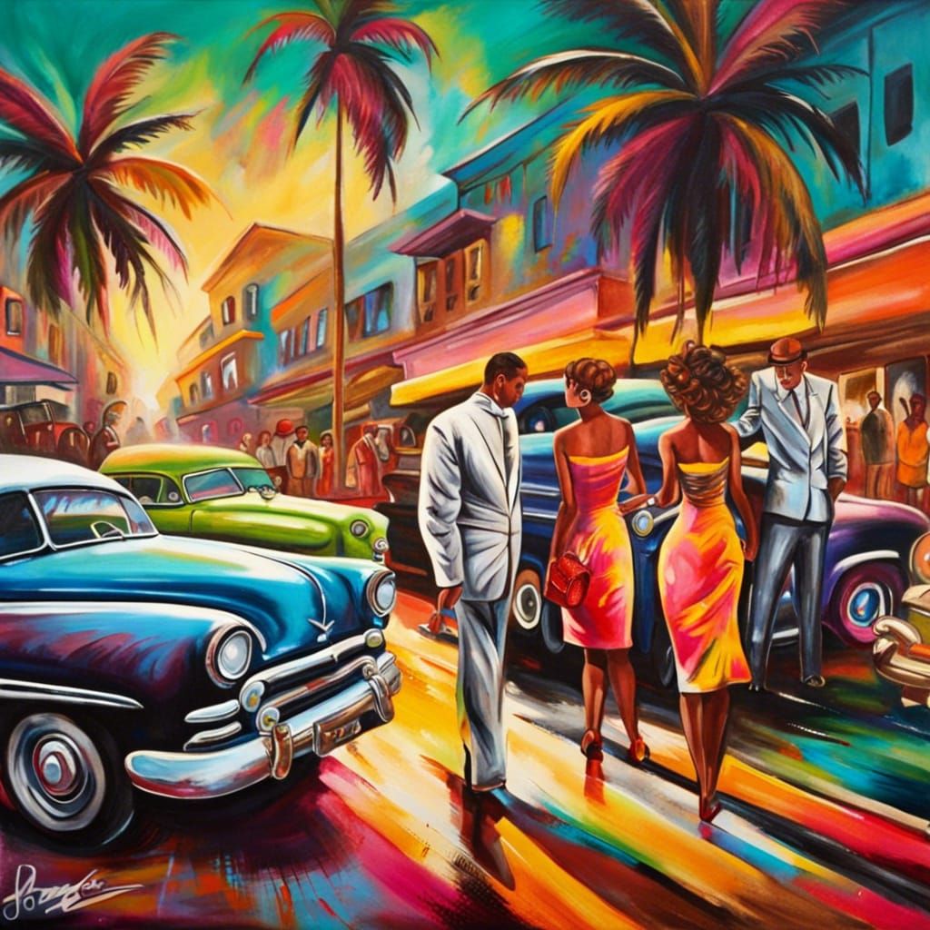 Cuban Hotrods at Sunset in Vibrant Street Art
