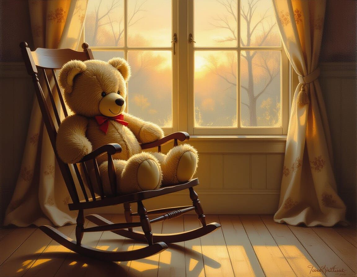 Twilight Teddy Bear: A Nostalgic Oil Painting