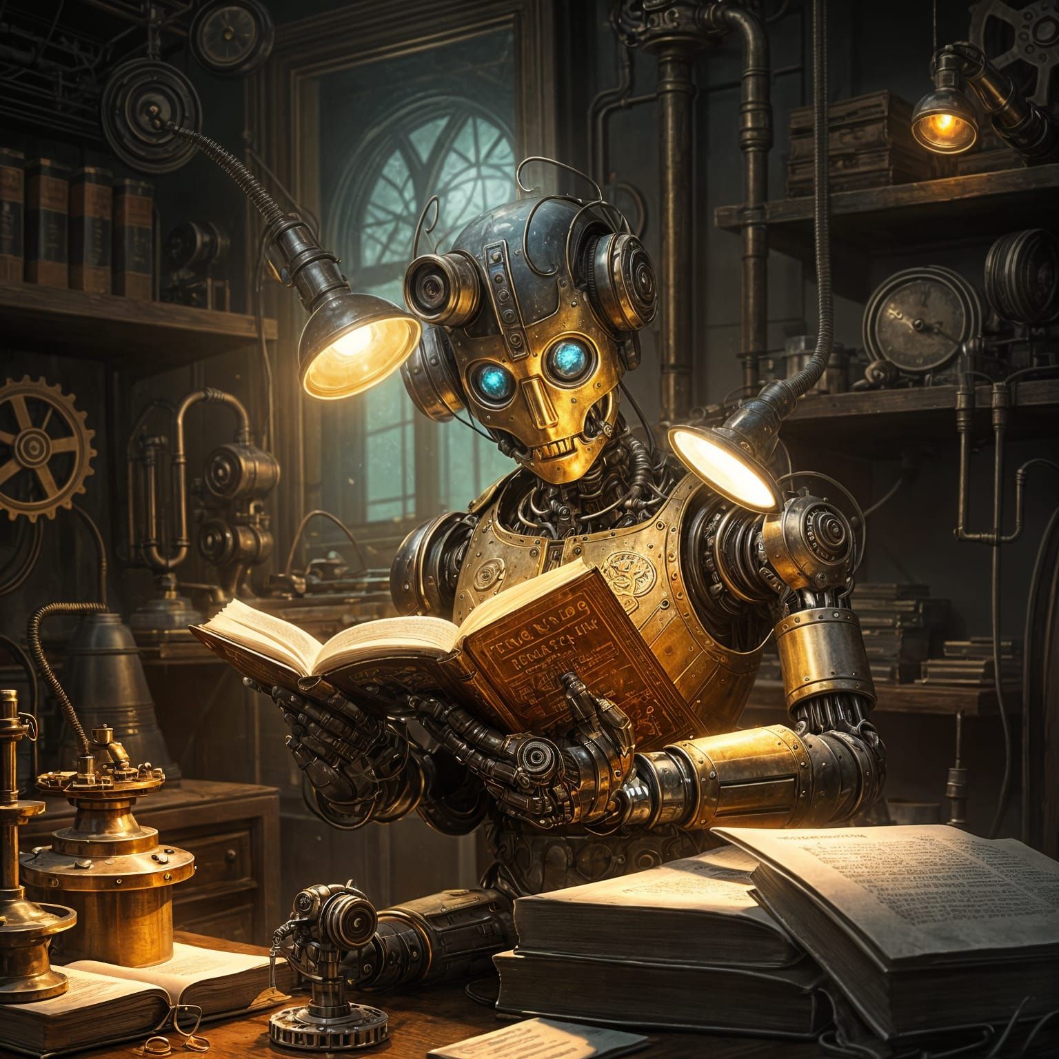 Steampunk Robot Reading in Cozy Workshop