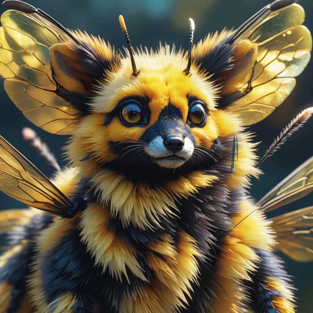 Fluffy Bee-Fox Hybrid Portrait with Iridescent Wings