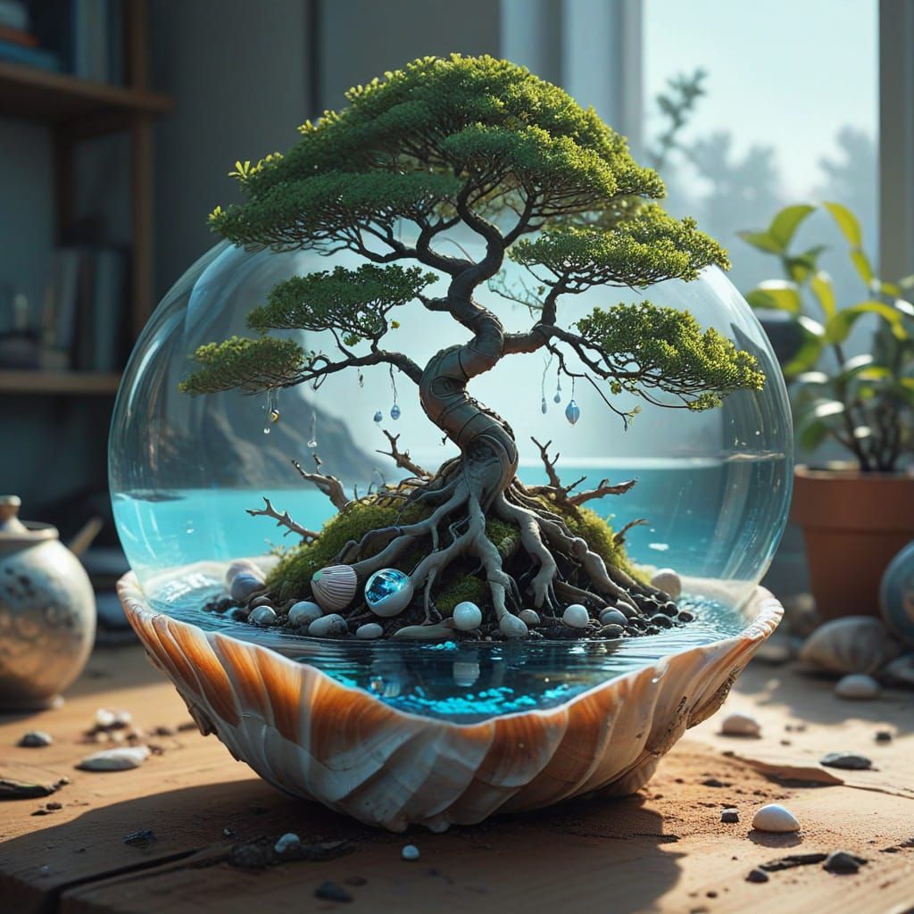 Bonsai Tree in Seashell: Ethereal Digital Art