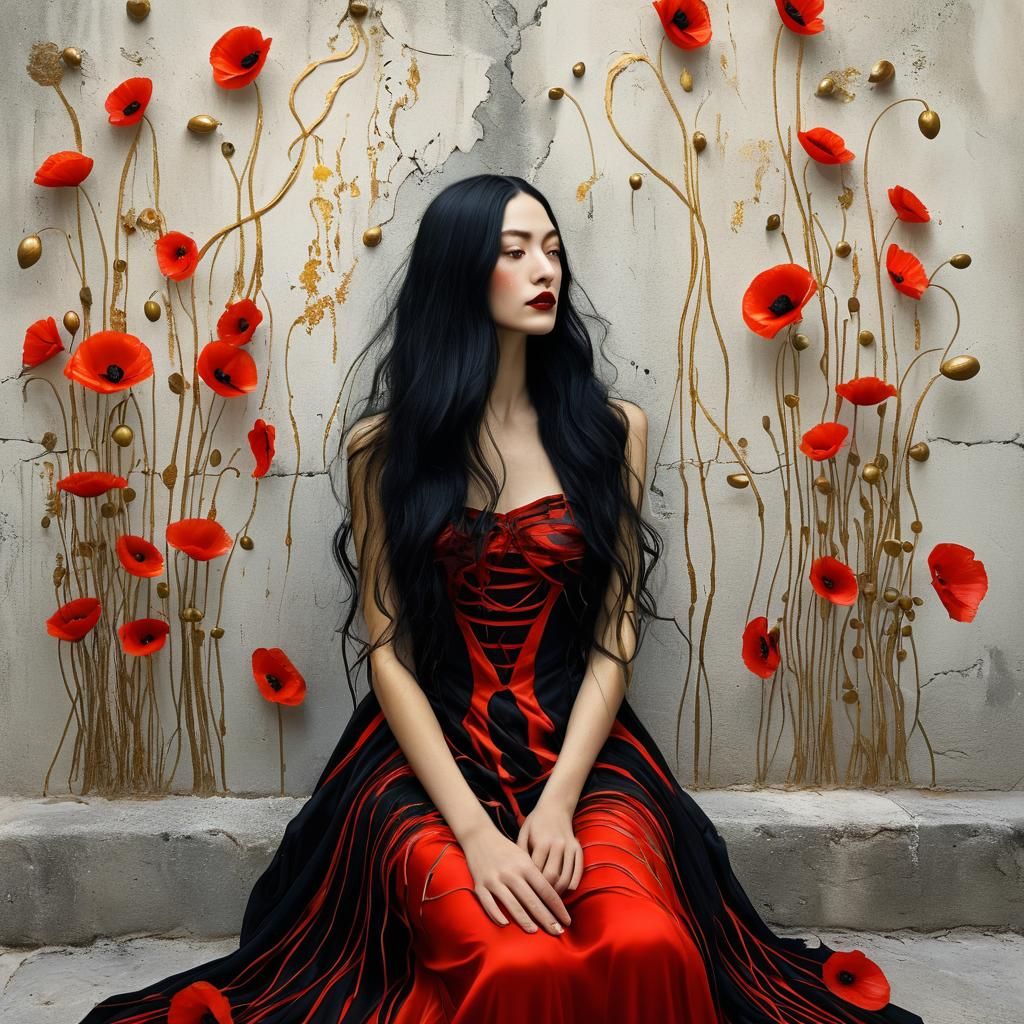 Girl with Poppies in Surreal Style