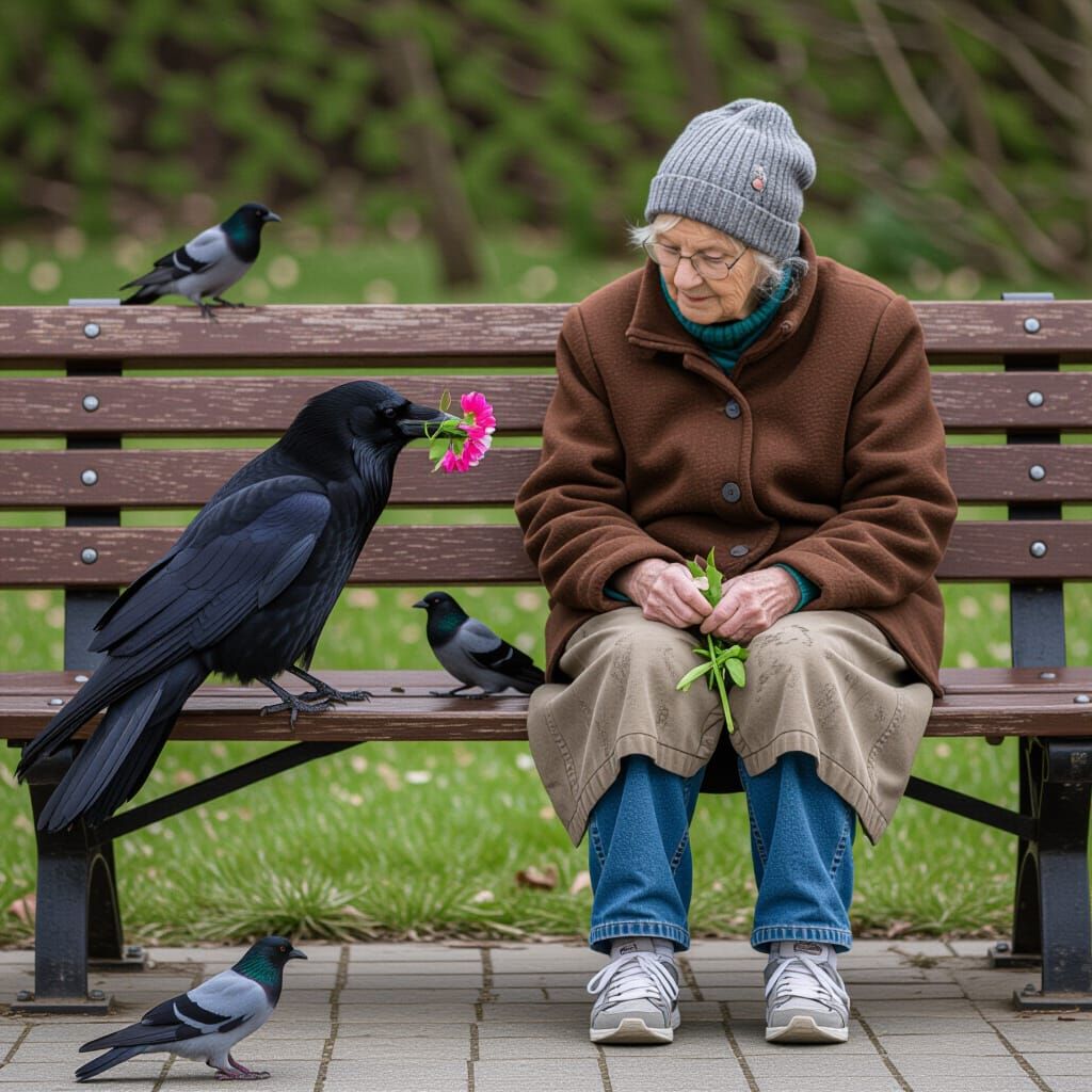 Crow Offers Flower to Elderly Woman on Park Bench