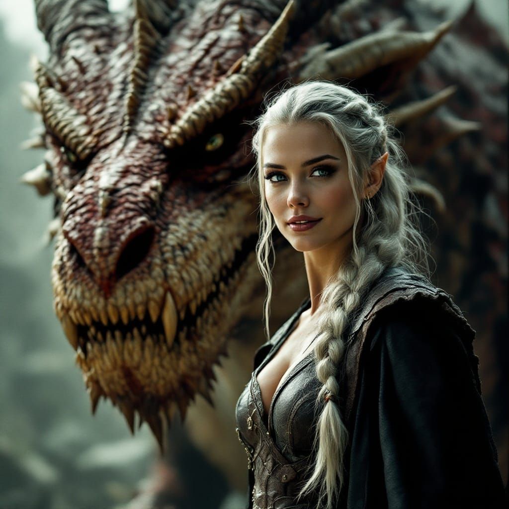 Elegant Elf Maiden Faces Fearsome Dragon in Cinematic Fantas...