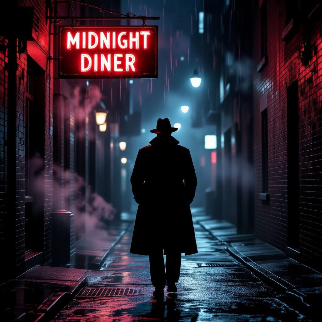 Film Noir Detective in Neon Alleyway