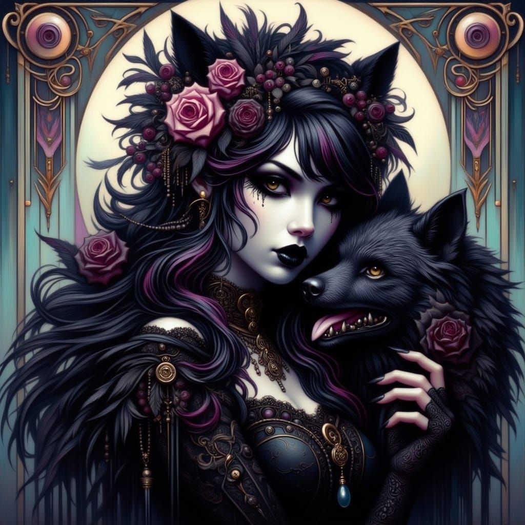Romantic Goth wolf shifter. <lora:Romantic Goth:1.0>