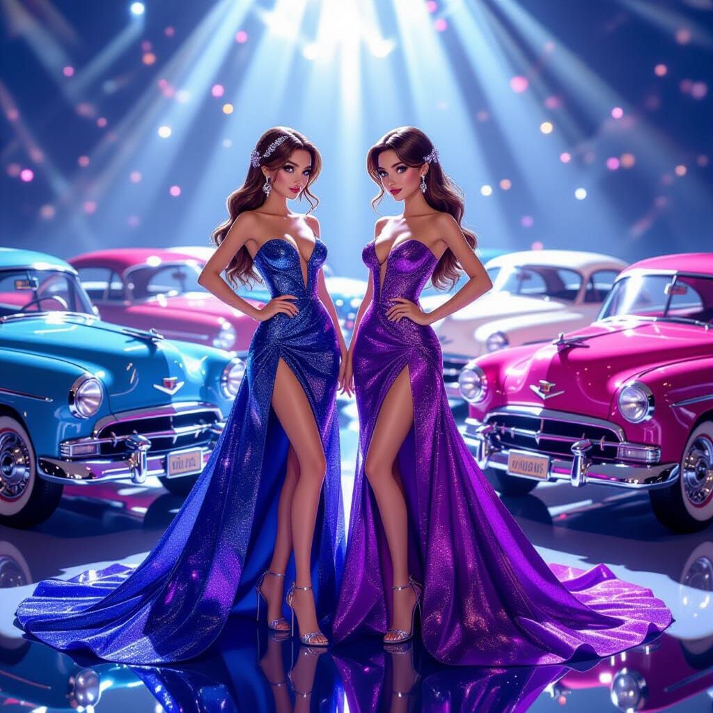 Fashionable Figures in Sapphire and Amethyst Dresses with Cl...