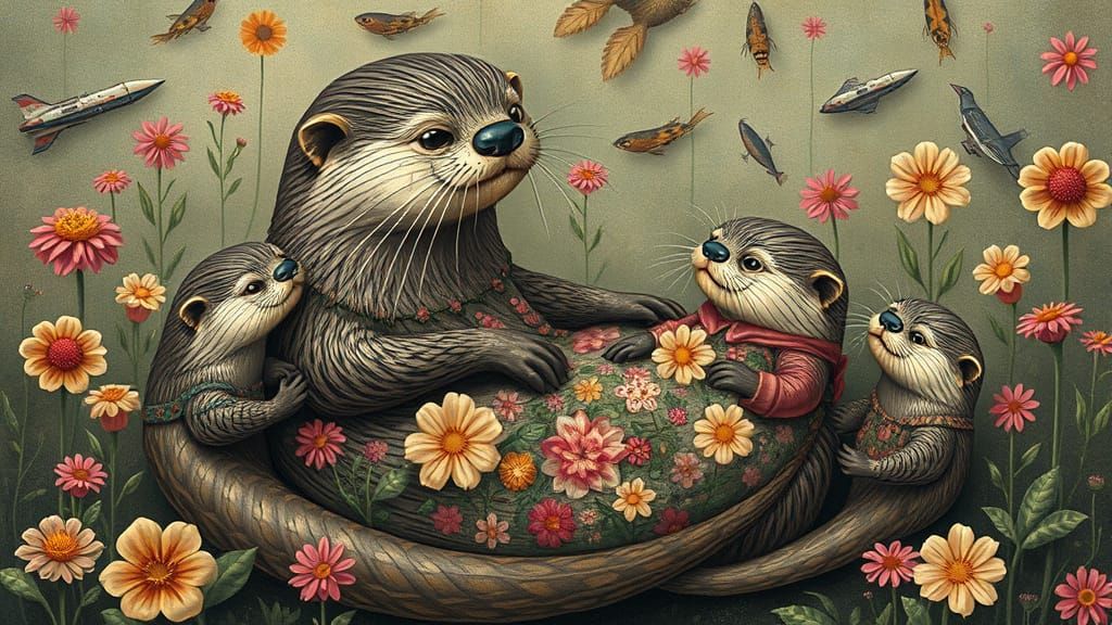 Otter Family in Whimsical Sci-Fi Setting