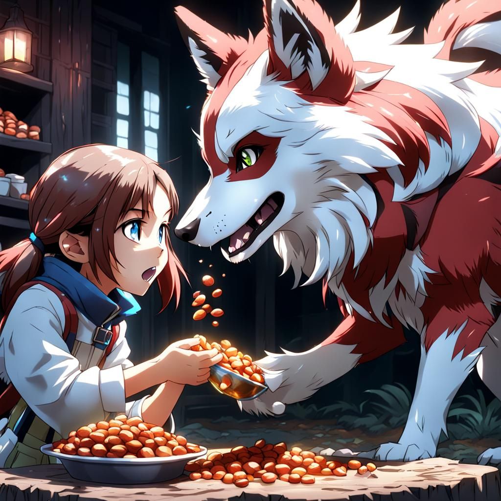 Girl Feeds Lycanroc Pet in Anime Style