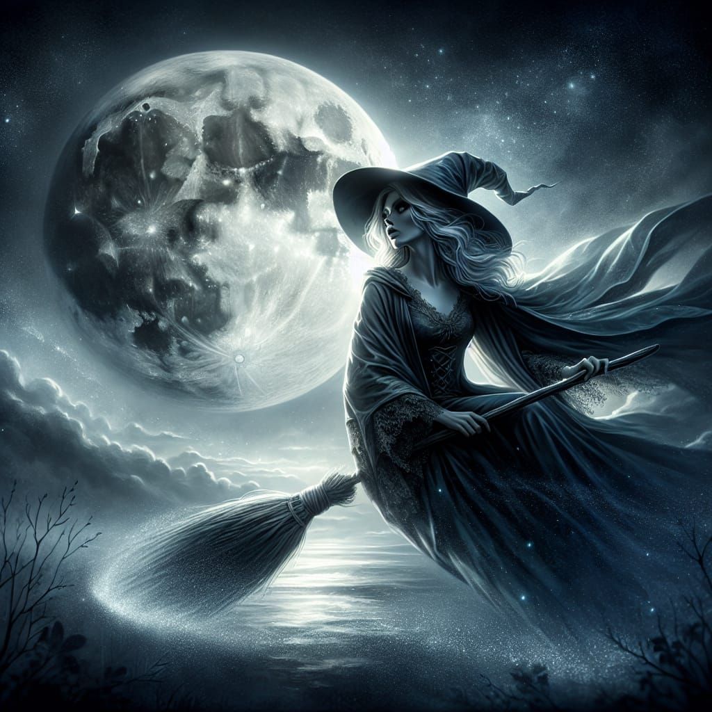 Hyperrealistic Sorceress on Broomstick Under Moonlight