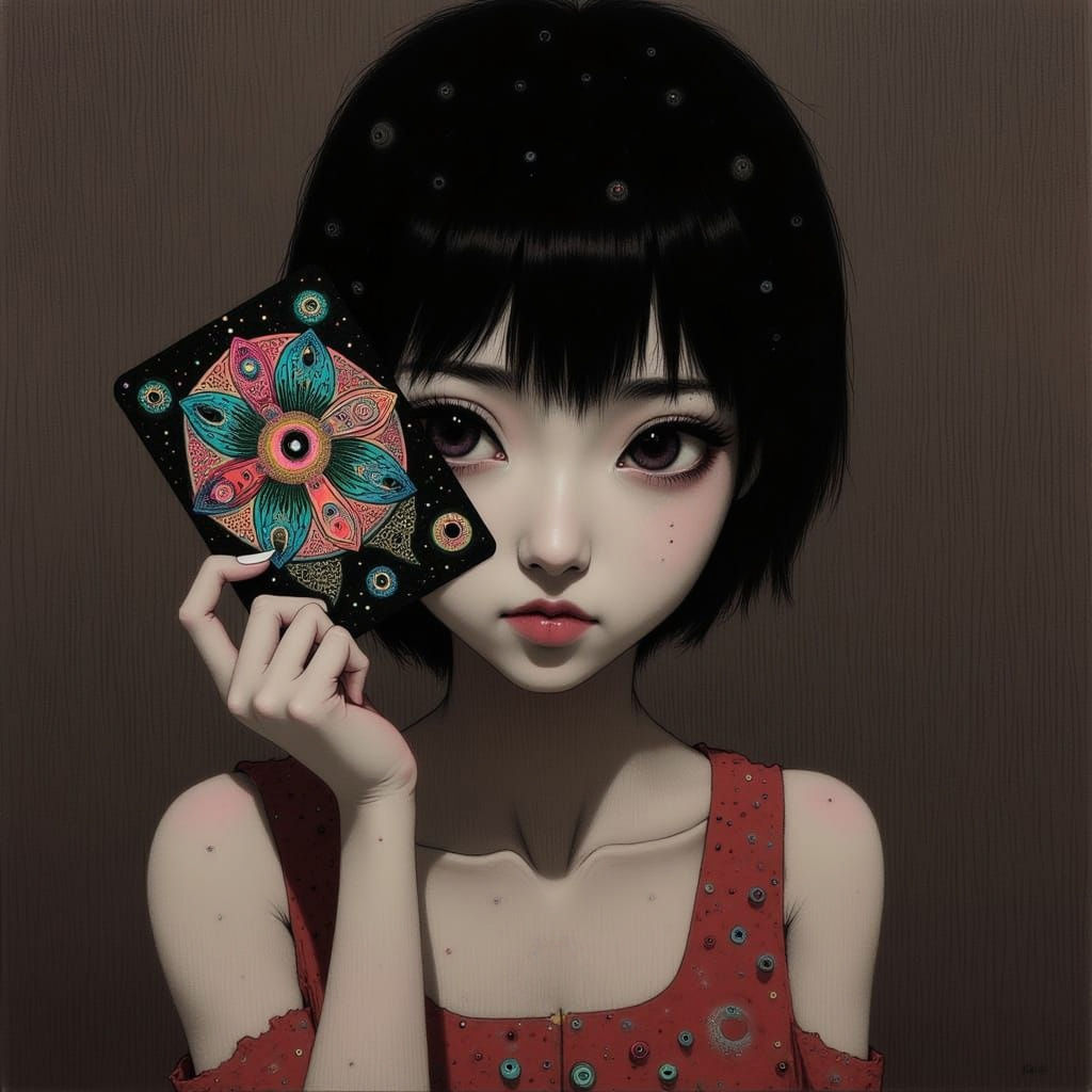 Contemplative Japanese Woman with Fortune Card