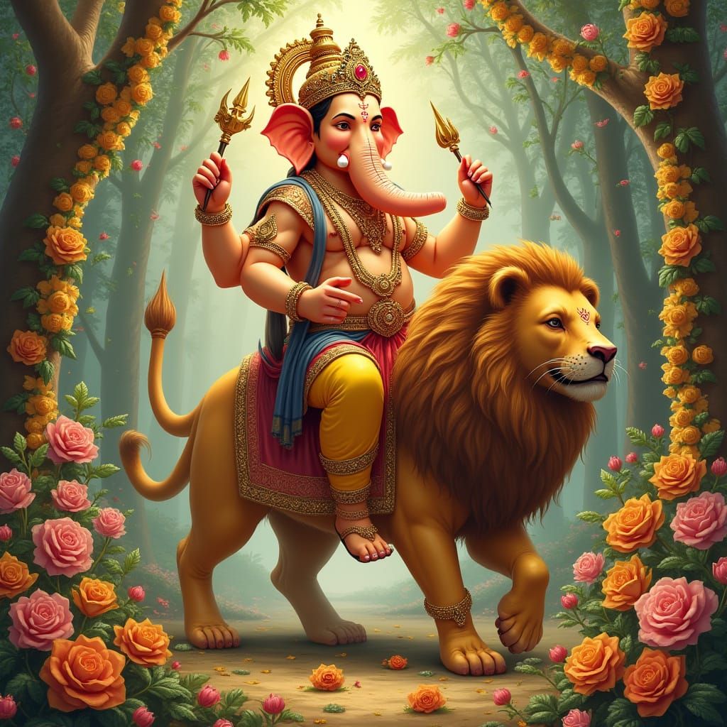 Lord Ganapati on Lion in Ornate Garden, Classical Style