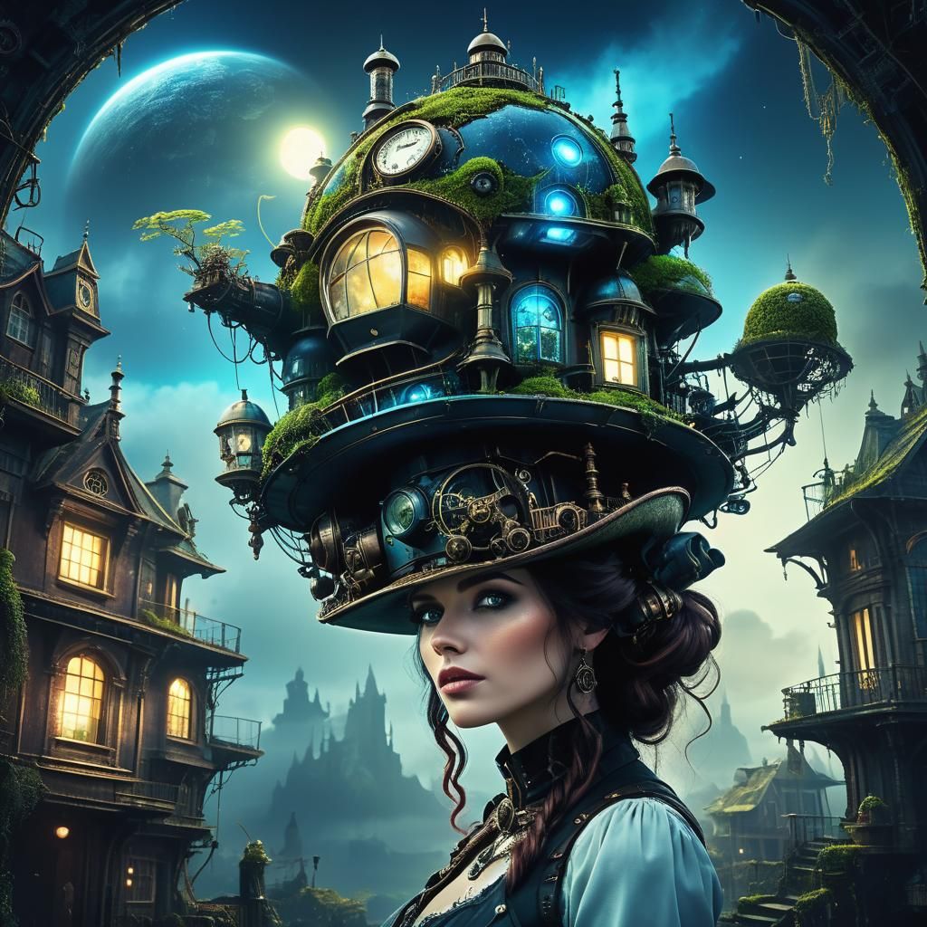 Steampunk Lady With House Hat on Alien Planet