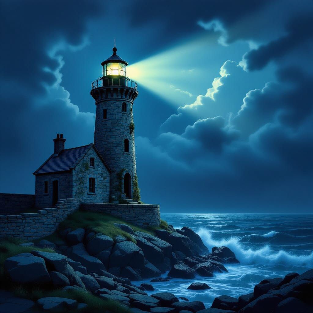 Gothic Lighthouse Beam in Stormy Twilight