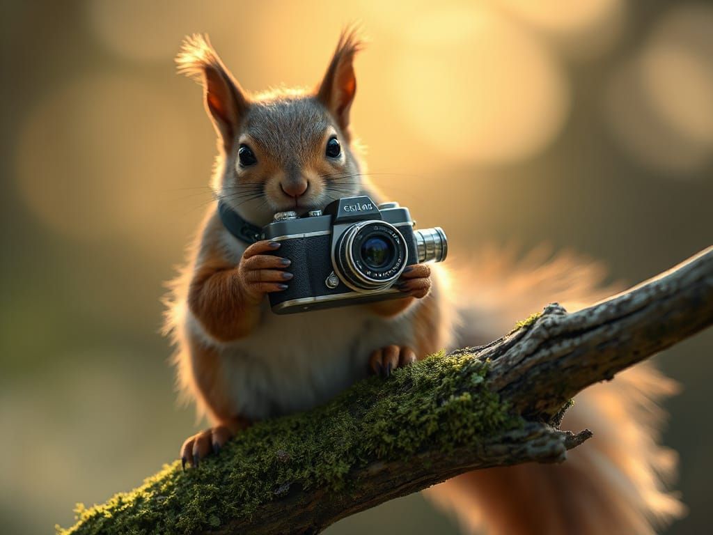 Squirrel Filming Dewdrop in Golden Hour Light