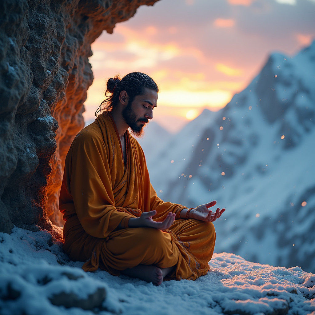 Yogi in Samadhi on Himalayan Peak at Sunset