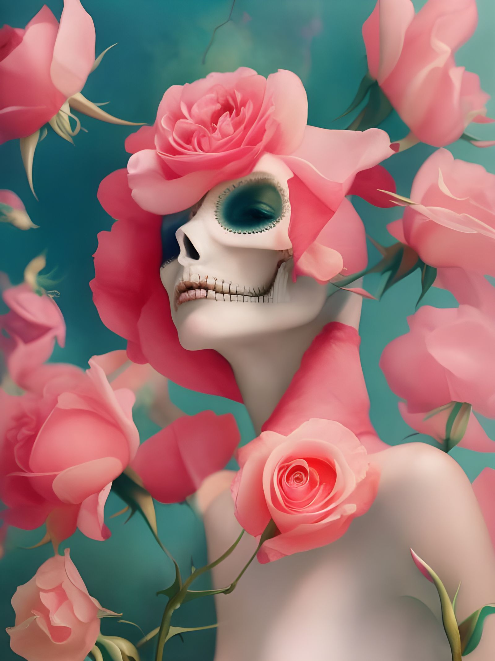 Skeletal Rose Dream Lady: Eerie Fine Art Collage
