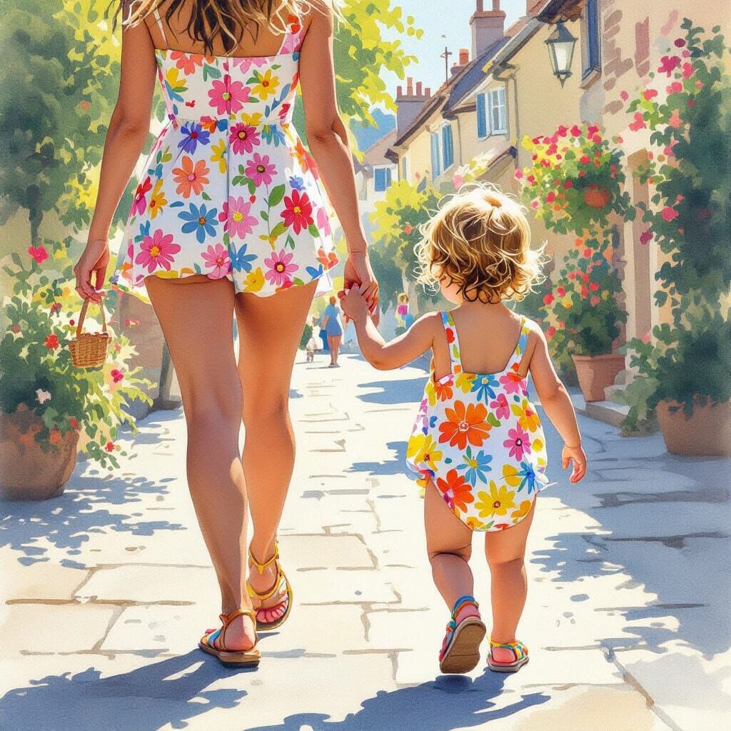 Toddler's Sunny Stroll: Whimsical Watercolor Art