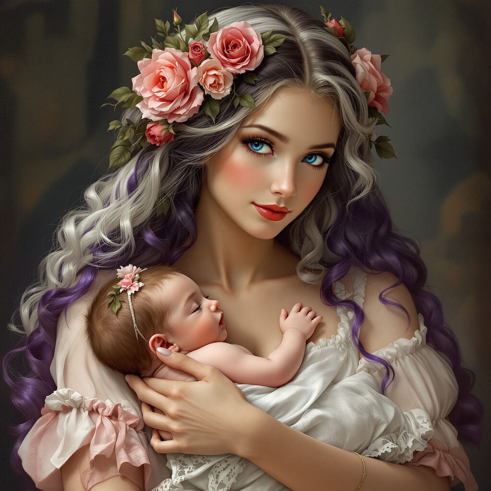 An airbrushed oil, painting of a young lady, with long white...