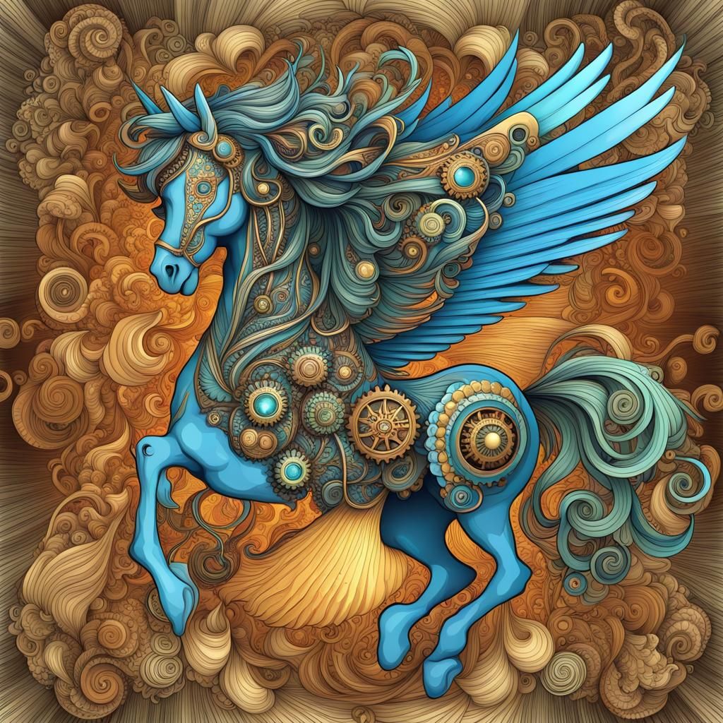 Colorful Steampunk Pegasus with Abstract Fractals