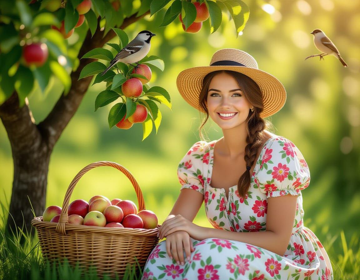 Charming Peasant Woman Resting Under Apple Tree