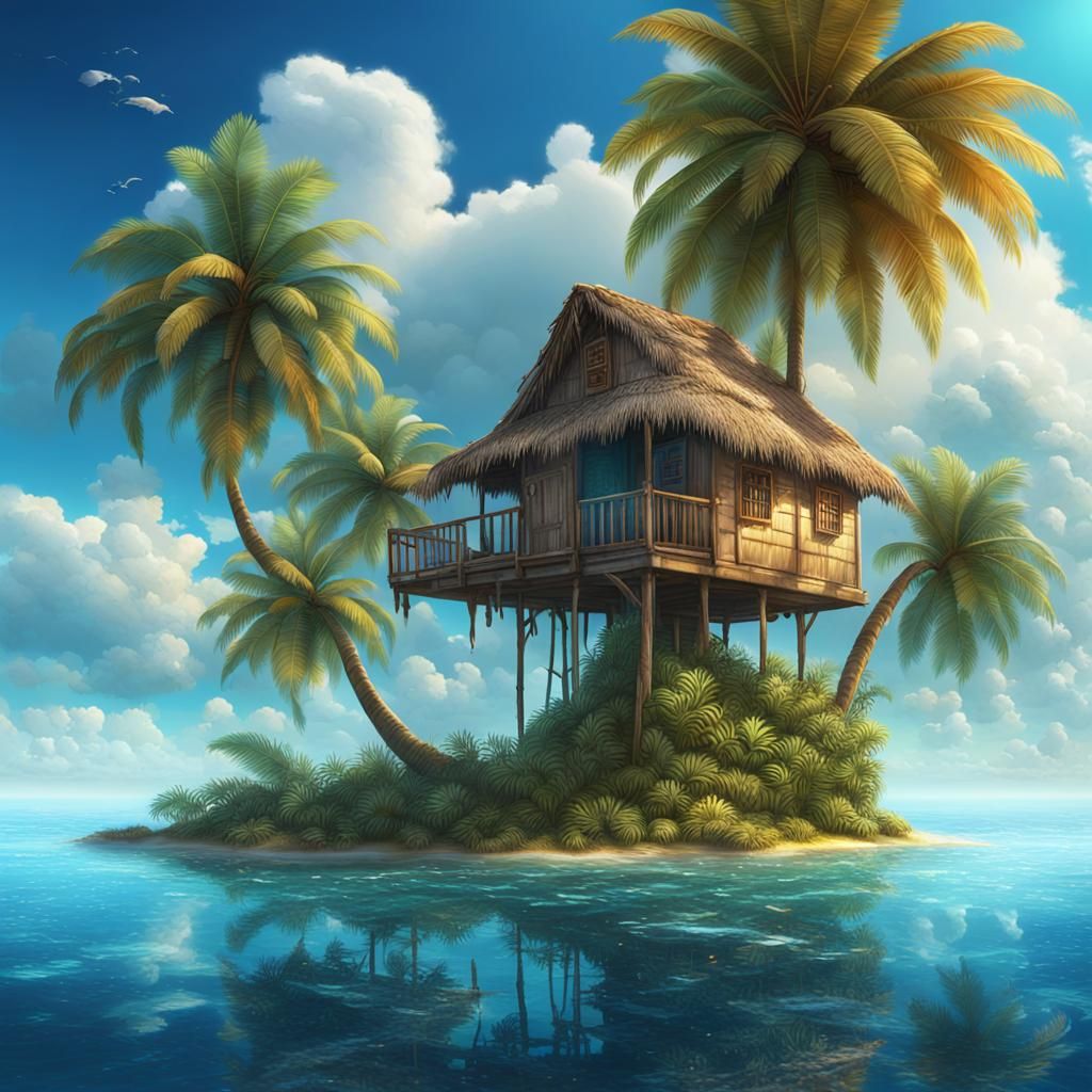Tropical Island Hut in Magic Realism Style