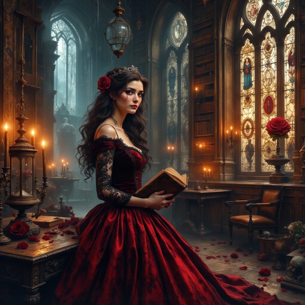 Gothic Belle in a Haunted Castle Library