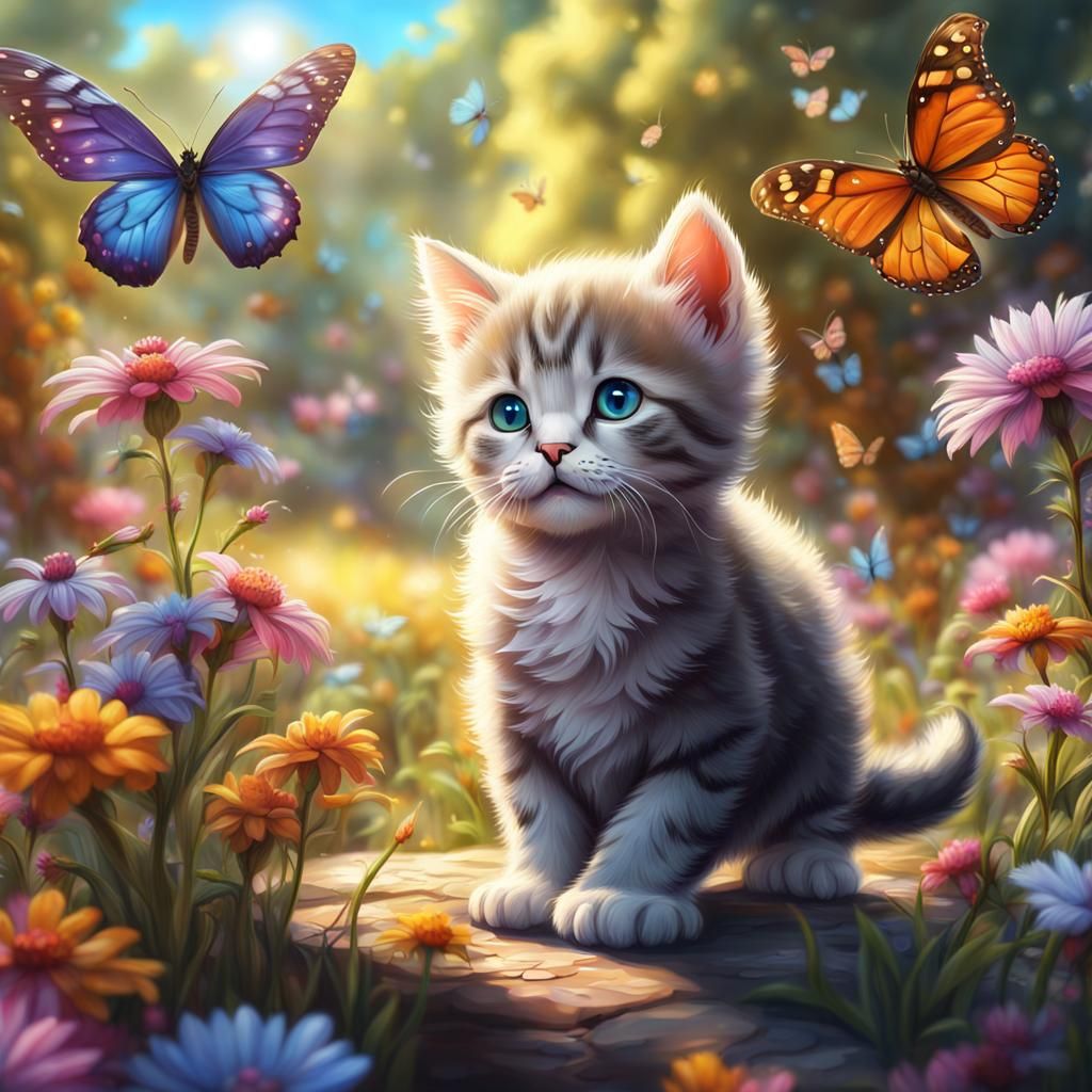 Kitten's Butterfly Dance: Colorful Fantasy Art