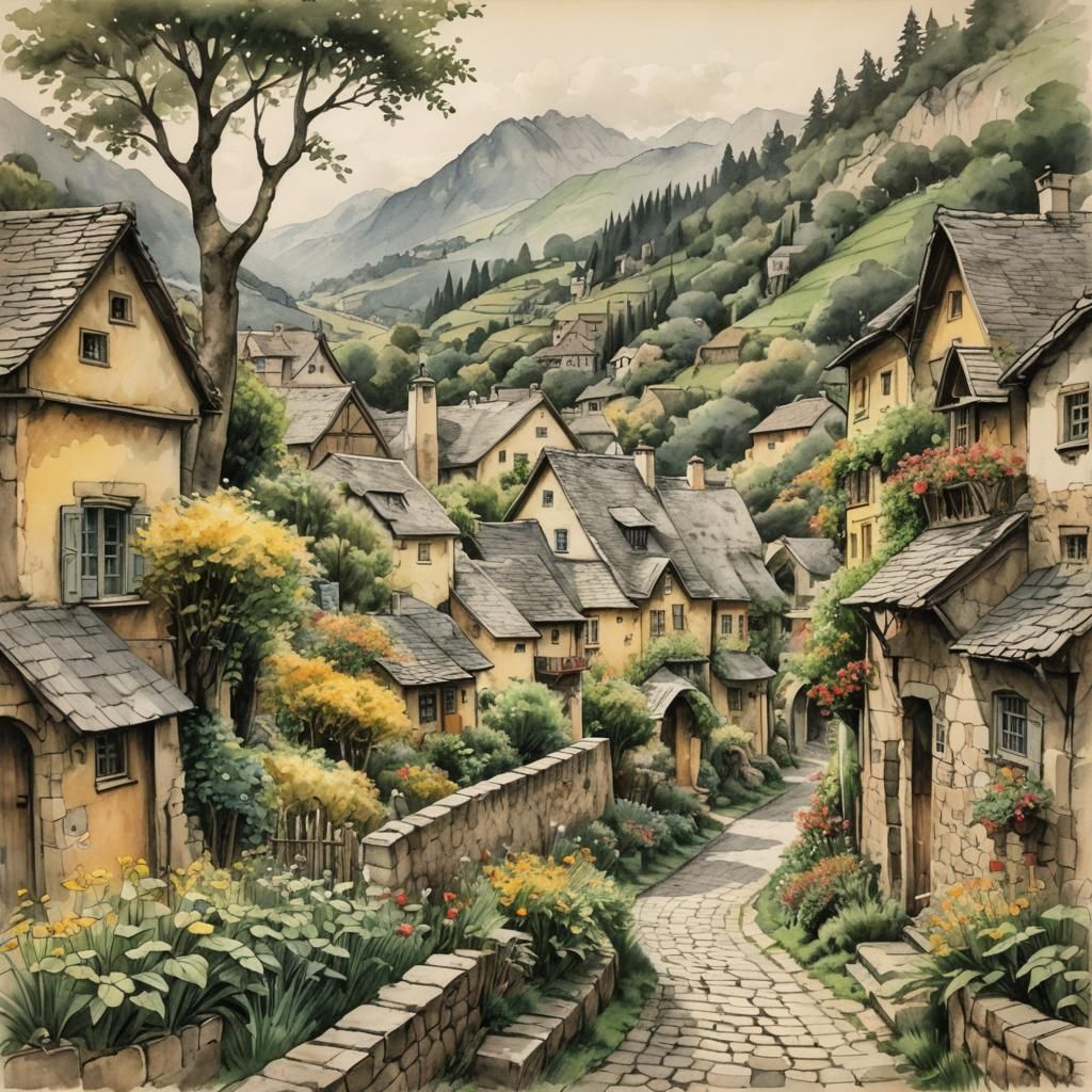 Picturesque Village in Verdant Valley: Pencil Sketch
