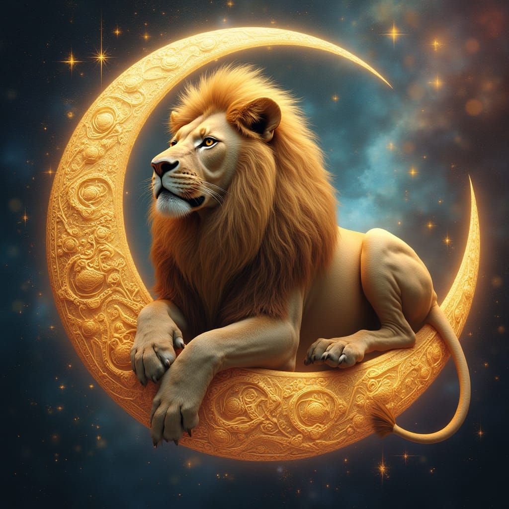 Majestic Lion on Crescent Moon in Cosmic Nebula