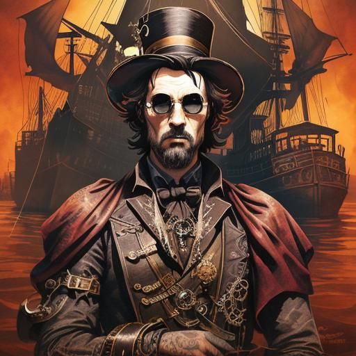 Steampunk Boat on the Thames in Ink Painting Style