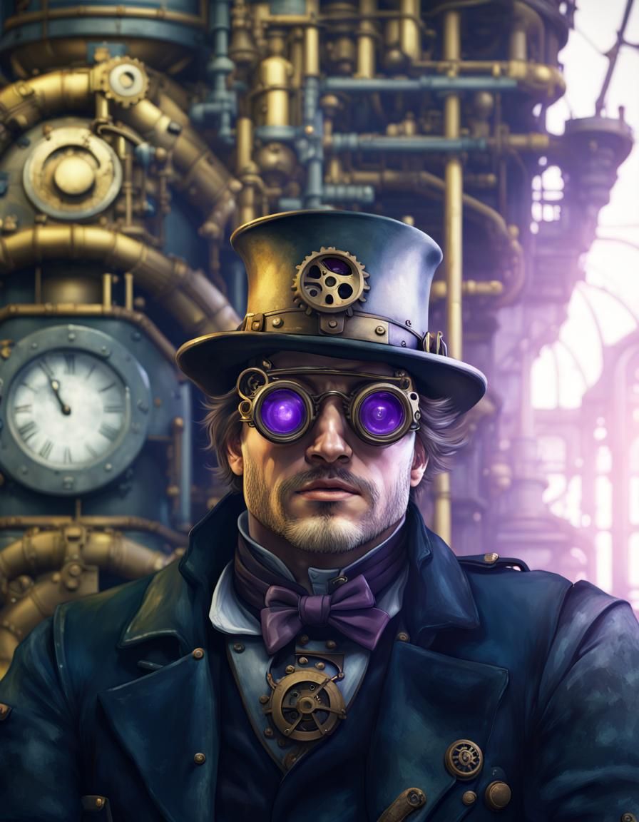 Steampunk Clockmaker in Factory: Dark Fantasy Art
