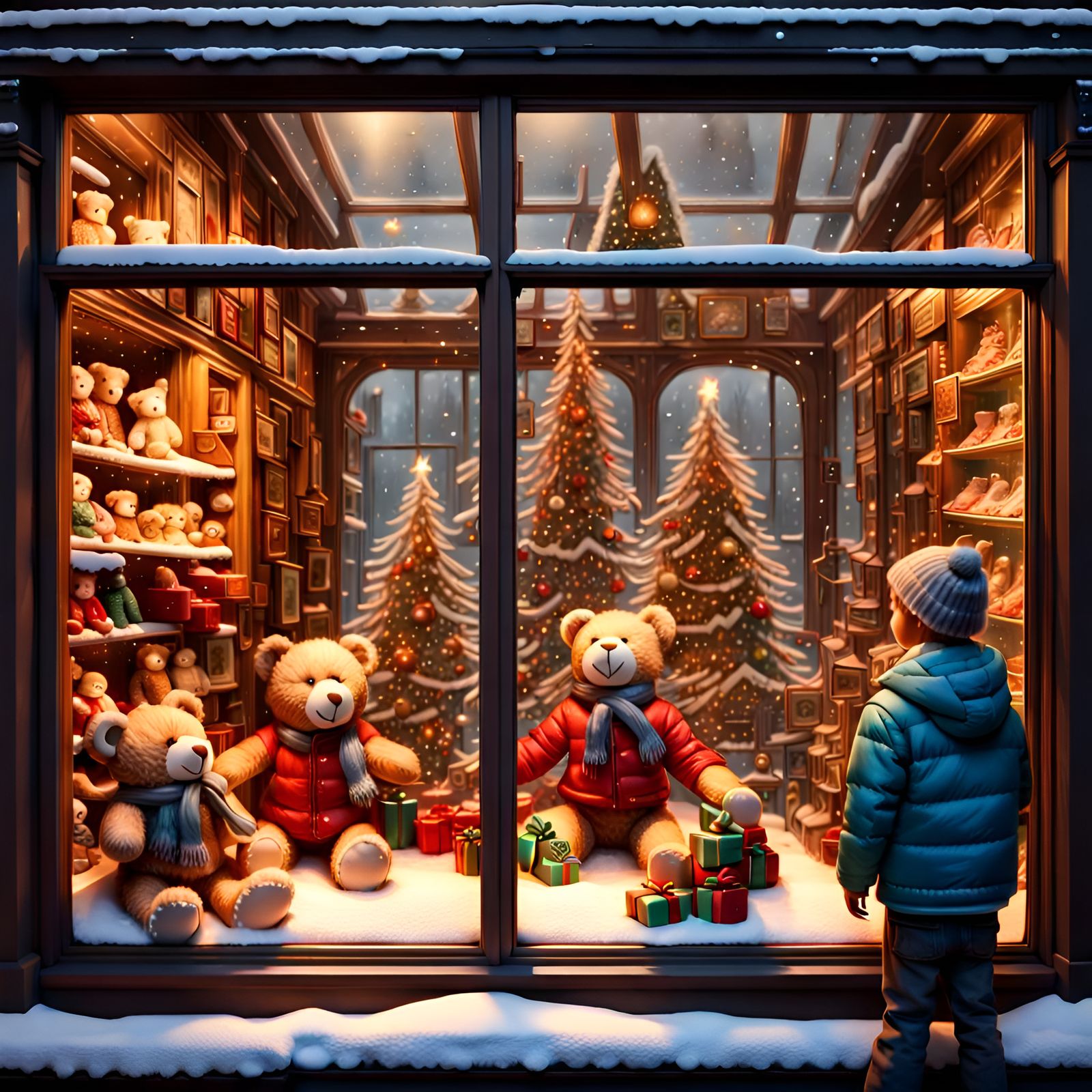 Boy Mesmerized by Christmas Toy Shop Display