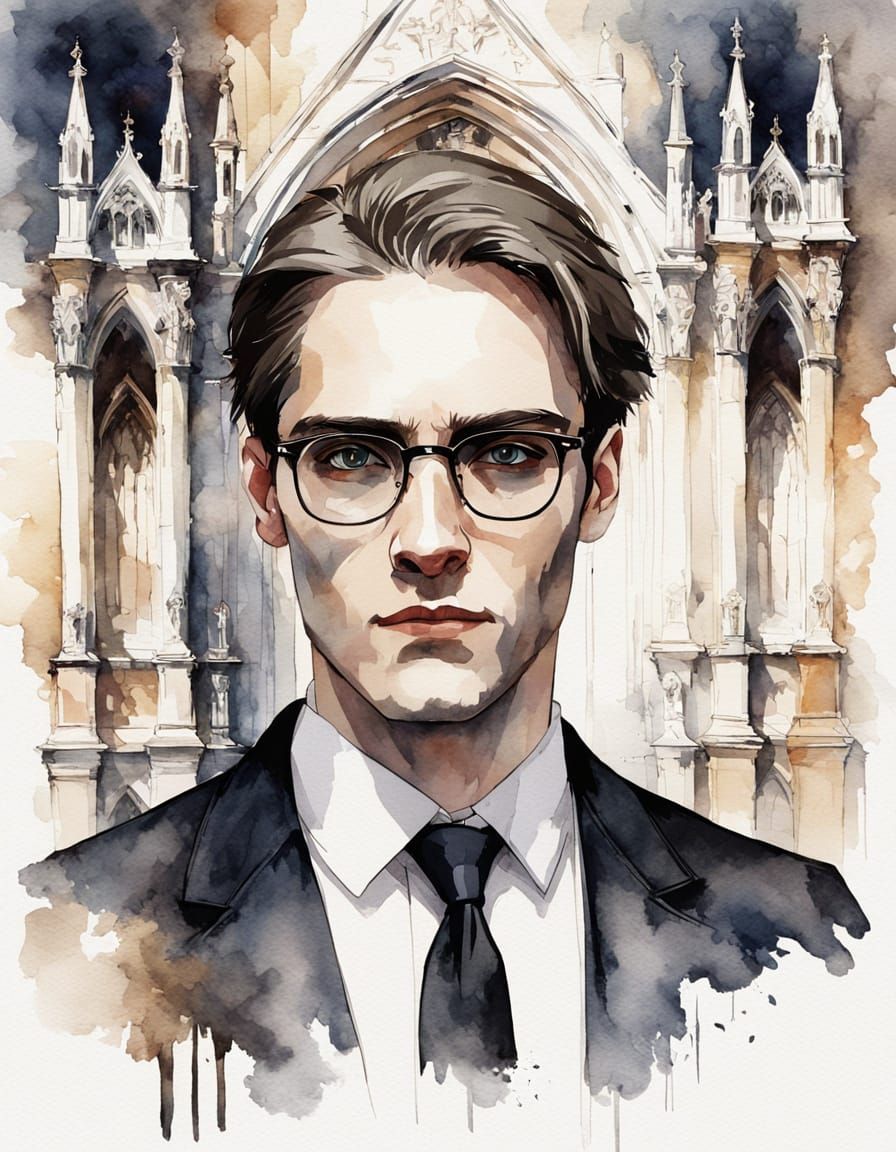 Elegant Androgynous Man in Dark Academia Watercolour