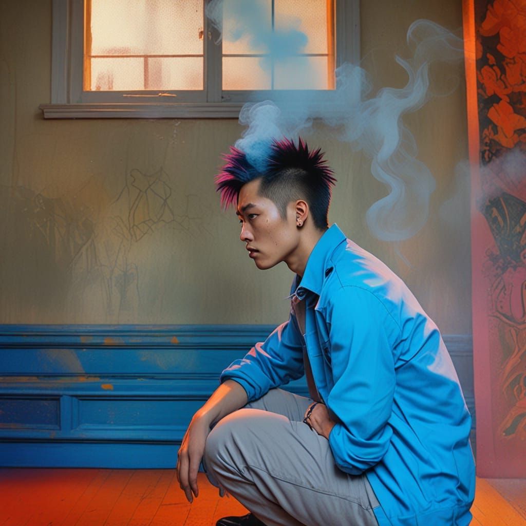 Asian Punk Fashion Icon in Vibrant Watercolor Collage
